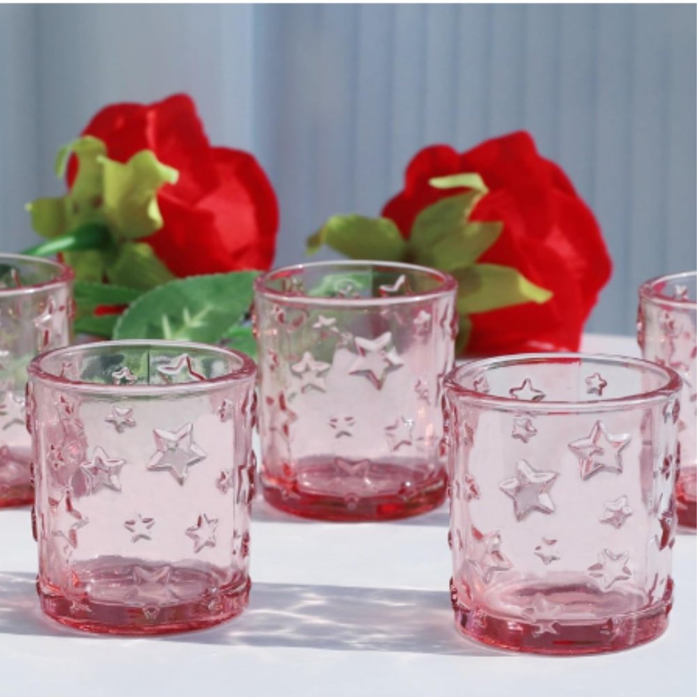 Set of 12 - Pink Stars Glass Votive & Tealight Candle Holders